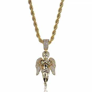 AAA+ Zircon Bling Gheață Cupidon Înger Pandantiv Coliere de Aur de Cupru de Culoare Bărbați Hip Hop Rapper Bijuterii cu 24inch poftă de mâncare Lanț