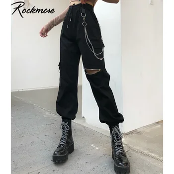 Rockmore Punk Pantaloni Femei Streetwear Joggeri De Talie Mare Cu Fermoar Lanț De Hip-Hop Pantaloni De Trening Femei Pantaloni Negri 2021