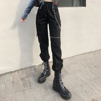 Rockmore Punk Pantaloni Femei Streetwear Joggeri De Talie Mare Cu Fermoar Lanț De Hip-Hop Pantaloni De Trening Femei Pantaloni Negri 2021