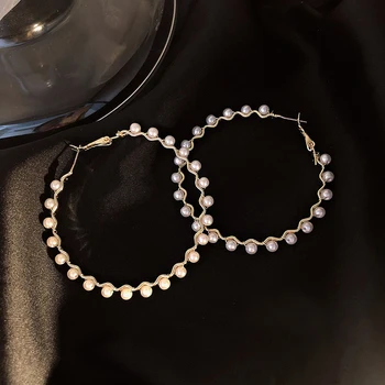 Alb Imitații de Perle Cerc Hoop Cercei Simplu de Culoare de Aur de Metal Cercei Moda pentru Femei Cerc Mare Cercuri Declarație