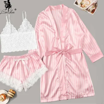 Leechee Femei Halat Set Halat de baie+Top+Shorts 3 Buc pijama cu Dungi din Satin Vară Sleepwear Dantela Pijamale Roz Sexy halate