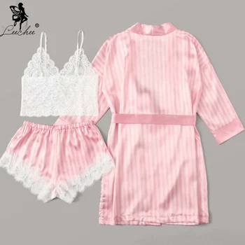 Leechee Femei Halat Set Halat de baie+Top+Shorts 3 Buc pijama cu Dungi din Satin Vară Sleepwear Dantela Pijamale Roz Sexy halate