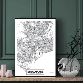 Faimoasa Hartă a Orașului Singapore Imprimate Panza Pictura Arta de Perete Imagini Alb-Negru Postere si Printuri Living Decor Acasă