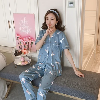 Noi De Vânzare Femei Frumoase Port De Agrement De Vară 2020 Cu Mânecă Scurtă Pentru Femei Set De Pijama Pantaloni Lungi Pijamale Seturi Din Bumbac De Agrement Sleepwear