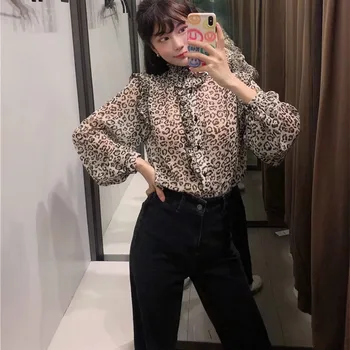 Za Top Femei 2020 Epocă Leopard Semi-pur Animal Print Tricouri Femei cu Maneci Lungi Gât Înalt Zburli Ornamente Buton-up Bluze