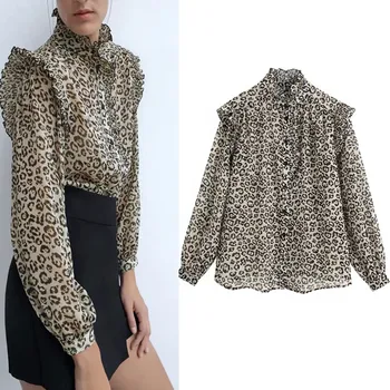 Za Top Femei 2020 Epocă Leopard Semi-pur Animal Print Tricouri Femei cu Maneci Lungi Gât Înalt Zburli Ornamente Buton-up Bluze