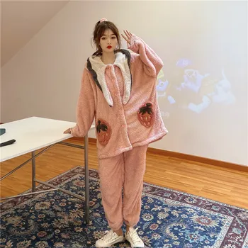 Drăguț Pijama Calde Doamnelor 2021 Pălărie de Iarnă Cămașă de noapte Halat de Căpșuni Drăguț Pufos Homewear Set pentru Femei-O Bucată Pijamale