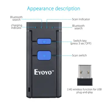 EYOYO MJ-2877 Mini Scanner de coduri de Bare 1D 2.4 G Wireless de coduri de Bare Pentru Android IOS Windows Bluetooth Scanner