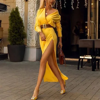 V Gât Rochie Cu Maneci Lungi 2020 Primăvară De Moda Pentru Femei Casual De Vara Bodycon Petrecere Munca De Birou Rochii Lungi Halat Sexy Vestidos Mujer