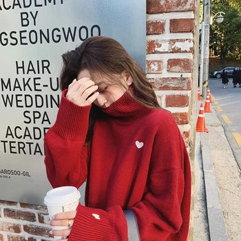 Femei Guler Pulover Tricotate Și Pulovere De Moda Coreeană Stil Drăguț Broderie Pulovere 2019 Toamna Și Iarna Noi Topuri