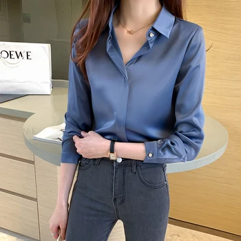 Bluze Din Satin Pentru Primavara 2021 Elegant Sifon Camasi Femei, Bluze Office Lady Maneca Lunga Tricou Albastru Topuri Doamnelor