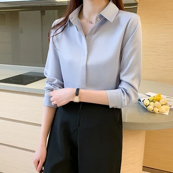 Bluze Din Satin Pentru Primavara 2021 Elegant Sifon Camasi Femei, Bluze Office Lady Maneca Lunga Tricou Albastru Topuri Doamnelor