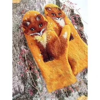 Femei Iarna Faux Cașmir Plin Deget Mănuși Dulce Colorat Animal Print 3D Îngroșa Vânt Cald Termică Manusi