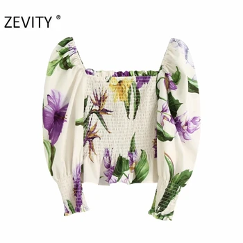 ZEVITY femei vintage square guler floare de imprimare casual salopeta bluza tricou femei pliuri elastice chic blusas femininas topuri LS7054