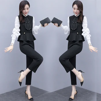 Biroul De Lucru De Două Seturi De Piese Costume Femei Lantern Maneca Mozaic Topuri Tunici + Pantaloni Drepte Costume De Moda Coreeană Set 2020