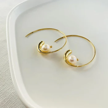 Noi de Design la Modă de Aur de Metal Curbat Spirală Cerc Geometric Rotund Perla Mare Hoop Cercei pentru Femei Fata