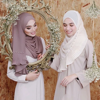 Noi Musulman Eșarfă Femeie Încrețite Hijab Perla Șal Sifon Gata Să Poarte Instant Vălului Islamic Îmbrăcăminte Folie de Turban foulard