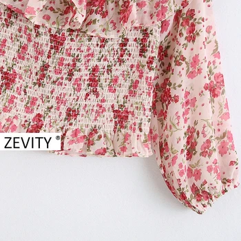 Zevity sexy femei de pe umăr volane scurte halat doamnelor bluza chic floare de imprimare elastic slim blusas tricou trunchiate topuri LS7006