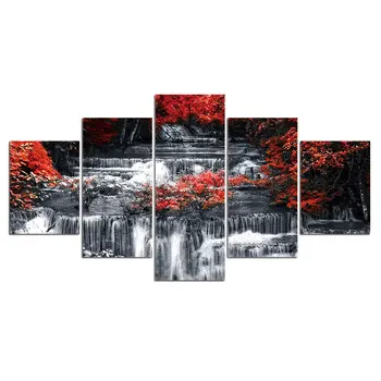 HD Printuri Postere 5 Piese Cascadă Naturale Tablou Alb Negru Peisaj Arta de Perete de Arțar Roșu Imagini Living Decor Acasă