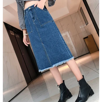 Fusta Din Denim Buzunarul Drept Fusta Fata-Split Vintage Casual Femei Albastru De Înaltă Talie, Plus-Size Streetwear Jean Fusta