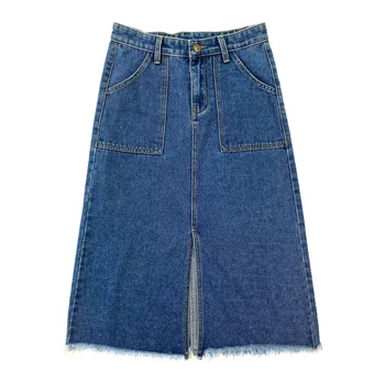 Fusta Din Denim Buzunarul Drept Fusta Fata-Split Vintage Casual Femei Albastru De Înaltă Talie, Plus-Size Streetwear Jean Fusta
