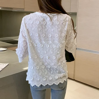 2021 Noua Moda de Vara Tricou Femei Albe Brodate Topuri Stil coreean Bluza din Bumbac Florale V-neck Femei Topuri Solid Chic