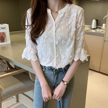 2021 Noua Moda de Vara Tricou Femei Albe Brodate Topuri Stil coreean Bluza din Bumbac Florale V-neck Femei Topuri Solid Chic