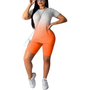 2 BUC/Set pentru Femei de Moda Neon Gradient Print T-shirt Culturilor Topuri+pantaloni Scurti Haine de Antrenament Trening de Vara Casual Ladies 2 Seturi de Piese