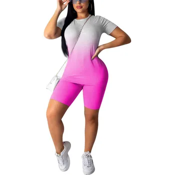 2 BUC/Set pentru Femei de Moda Neon Gradient Print T-shirt Culturilor Topuri+pantaloni Scurti Haine de Antrenament Trening de Vara Casual Ladies 2 Seturi de Piese