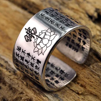 S999 Argint Pur Bărbați Femei Buddha Lotus Inima Inel Inel Deschis Retro Argint Thai Ring