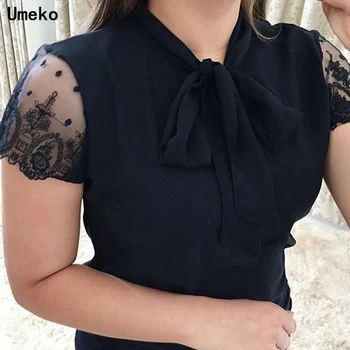 Umeko Elegant Dantela-Up Papion Camasa de Vara cu Maneci Scurte Solidă Șifon Bluză Casual Plus Dimensiune 5xl Birou Doamnă Blusas Femeie Topuri