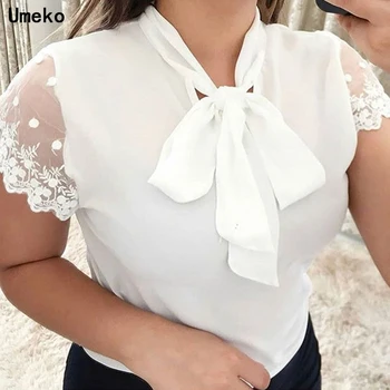 Umeko Elegant Dantela-Up Papion Camasa de Vara cu Maneci Scurte Solidă Șifon Bluză Casual Plus Dimensiune 5xl Birou Doamnă Blusas Femeie Topuri