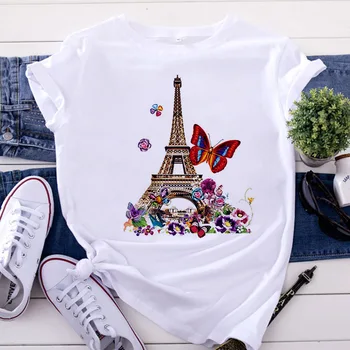 Harajuku tricou femei 2020 nou vogue Turnul Eiffel imprimare Tricou de Agrement maneci scurte stil de vara T-shirt îmbrăcăminte de sex feminin