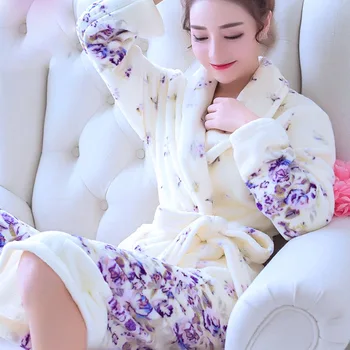Haine Pentru Femei De Iarnă Sleepwear Se Ingroase Mult Halat De Baie Femei Flori Flanel Kimono-Îmbrăcăminte De Noapte Moale, Cald, Plin De Maneca De Imprimare De Desene Animate