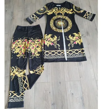 2020 Toamna African Print Elastic Bazin Largi Pantaloni Stil de Rock Dashiki Maneca 3/4 Celebrul Costum pentru Femei Haina și Legging Set 2 buc
