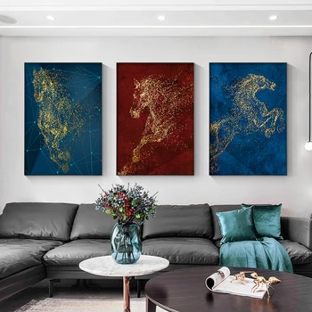 Nordic Albastru Rosu Poster mare Rezumat Animal Golden Horse Canvas Wall Art Print Pictura Acasă Decor Imaginile pentru Camera de zi Arabia