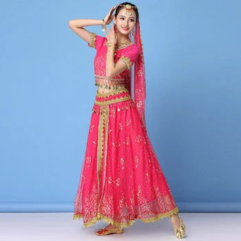 De Halloween, de Crăciun Femei Performanță Sari Indian Costum Bollywood, Dans din Buric, Costume de Set (Top+curea+fusta+voal+caciulita)