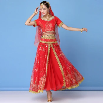 De Halloween, de Crăciun Femei Performanță Sari Indian Costum Bollywood, Dans din Buric, Costume de Set (Top+curea+fusta+voal+caciulita)