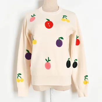 Pista De Designer De Iarna Femei Dulce Broderie Fructe Colorate Tricotate Pulover Pulover 2020 De Crăciun De Iarnă Liber De Haine De Blana