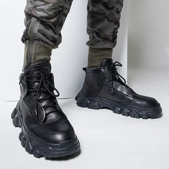 Cald Iarna Din Piele Glezna Cizme Barbati De Lux Casual-Pantofi De Top Stil Britanic Dantelă Neagră Platforma Tenisi Army Boot