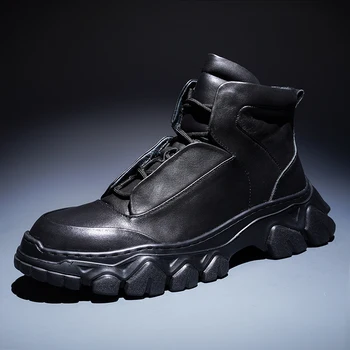 Cald Iarna Din Piele Glezna Cizme Barbati De Lux Casual-Pantofi De Top Stil Britanic Dantelă Neagră Platforma Tenisi Army Boot