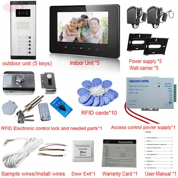 SUNFLOWERVDP Interfon Pentru Video Interfon Interfon 5 unități Cu Rfid Debloca Blocare Electronic Camera CCD Sonerie, interfon Kit