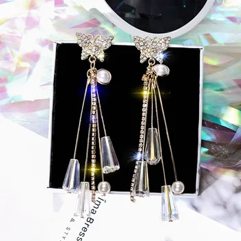 FYUAN Moda Ciucure Lung Cristal Cercei Boho Stras Fluture Perla Picătură Legăna Cercei pentru Femei Petrecerea de Nunta Bijuterii