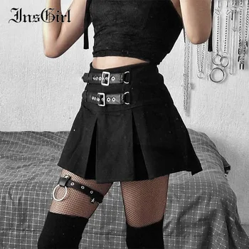 InsGirl Dark Goth Negru Punk de Moda Sexy Femei Fusta Strada Ins Stil Y2k E-fata din Piele Catarama Talie Inalta Fusta Plisata Mini
