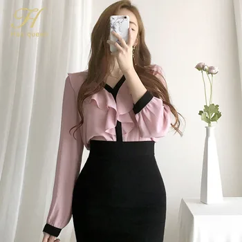 H Han Regina Toamna Coreean Topuri Zburli Șifon Bluze Pentru Femei De Afaceri Formal Birou Bluze Cu Maneca Lunga Tricouri Casual