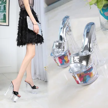 Femeie Cristal Transparent Pantofi Sandale de Dimensiuni Mari 34-40 Toc Pătrat Nunta Pantofi Sexy Femei Tocuri inalte 17cm Vara