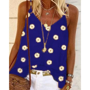 2021 Vara Daisy Print Bluze Tricou Femei De Primăvară Fara Spate Fără Mâneci Bluza Boho Plus Dimensiune Sexy V Gâtului Plajă Curele Topuri Blusa