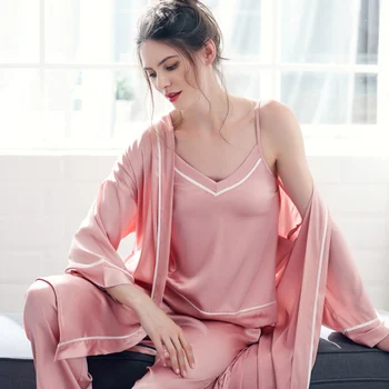 2020 Satin Trei 3 Piese Sleepwear Sexy Femeie Din Dantela Pijamale De Mătase Stabilite Haina Curea Vesta Pantaloni Lungi Halat Rochia Seturi