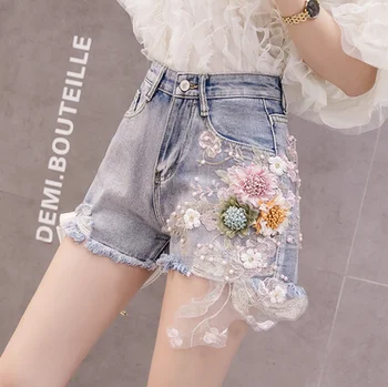 14 Stiluri de Broderie Rupt pantaloni Scurti din Denim 3D Florale Talie Inalta Blugi Scurt Femme 2020 Nou Uzat Gaura Pantaloni Femei pantaloni Scurți de Vară