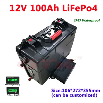 Rezistent la apa 12V 100Ah LiFepo4 baterie litiu acumulator cu tensiune de afișare pentru 1000W-3000w barca de pescuit frigider masina+Incarcator de 10A